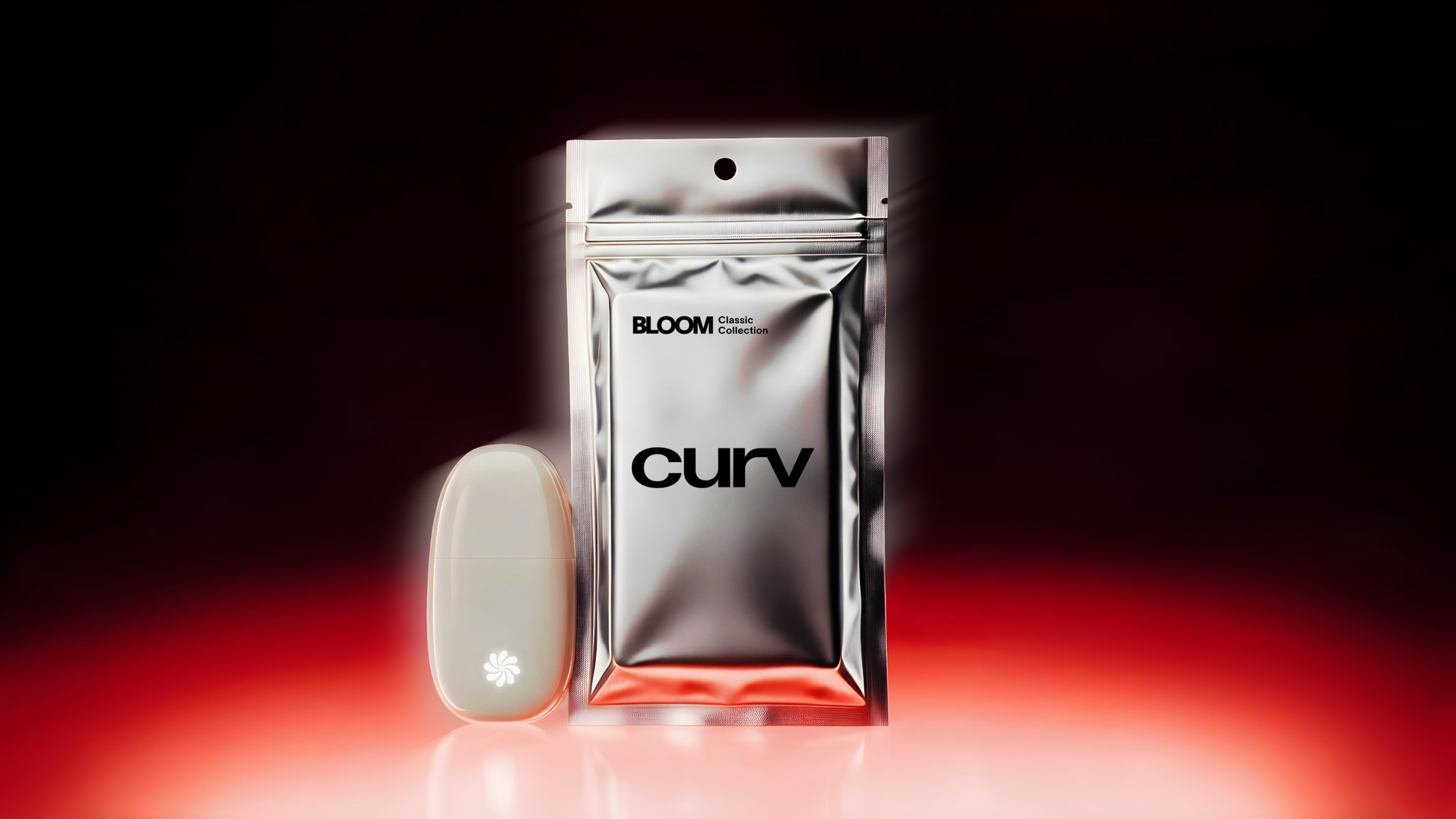 Curv 2g Classic Collection pouch in Apricot Punch Indica, with the New Mexico THC symbol, floating beside the Curv device